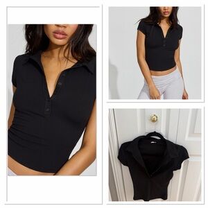 Garage Black Ribbed Polo Crop Top - Short Sleeve
